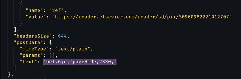 Screenshot of JSON of a HTTP request similar to previous image, only this one is pageHide