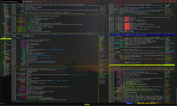 A screenshot of my WeeChat session. See the post's message body for details about the contents of each pane.
A Windows wallpaper is faintly visible as the terminal client's background; a bright green tent on a black forest and mountains silhouette background against a starry Milky Way sky with orange glow around the horizon.
Each channel in the chanmon buffer has its own colour. All other buffers also use different mostly-unique colours for each nickname. Overall it's quite colourful, and makes good use of the 256 colours available in the terminal.