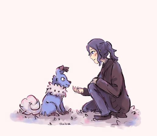 Caitlyn and her shiny rockruff sitting together on the ground, enjoying life.