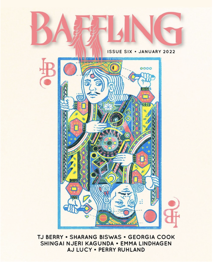 baffling magazine cover, a faux royal playing card with a made up symbol (looks like a B with a circle) and a symmetrical looking figure, where the lower half appears to be an older character. Strange controptions form the center.