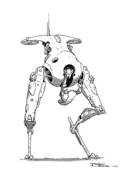 A bipedal robot with two rotors on the back and a large claw like mouth that opens up from the bottom of the torso.