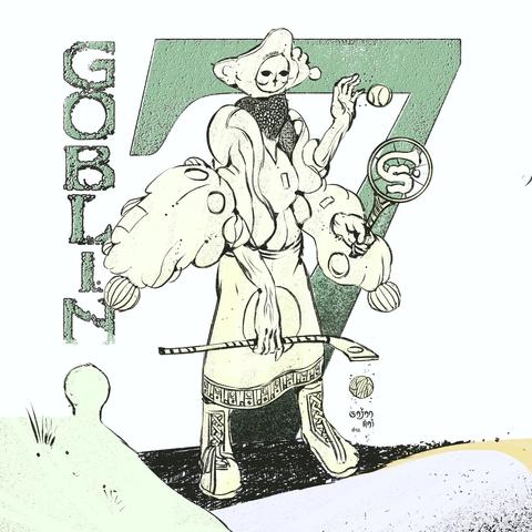 an elder goblin on a sports court, in a padded outfit, about to serve a ball with two of its arms, and with its third arm is dribbling another ball with a stick. Goblin 7 is writ in the background