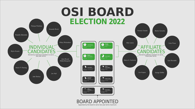 OSI Board - Election 2022. A diagram showing the nine candidates for the two individual directorships and the eight candidates for the two affiliate directorships.