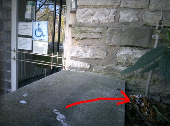 Foto vom Eingang des Gesundheitsamts: Ein roter Pfeil zeigt auf einen Haufen Zigarettenstummel und Filter, der im Beet direkt neben der Tür liegt.