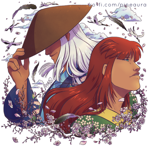 Portrait illustration of The Ancient One and Anubis from Ronin Warriors donning spring themed yukata. Cherry blossoms, red-crowned cranes, and fluffy clouds frame them.