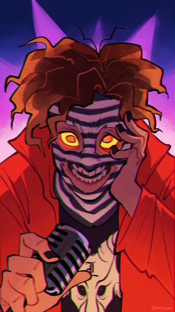 By Camila González, a drawing of a person wearing a white and black striped mask, with messy, almost burnt hair from over dyeing. They are wearing a black shirt with a picture of a horned creature printed on it, and a red jacket on top. The person is holding a microphone and also their face in a frenzied manner.