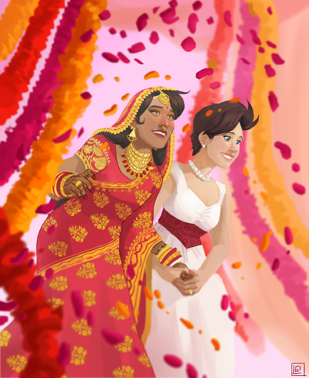 By Leisha Riddel, two women at an Indian style wedding with the marigold garlands dangling from the ceiling - there are also marigold petals falling from the ceiling. One woman is Indian and wearing a traditional red saree with gold adornments, and the other is Russian Jewish and is wearing a white wedding dress with a red sash that matches her now wife and a pearl necklace.