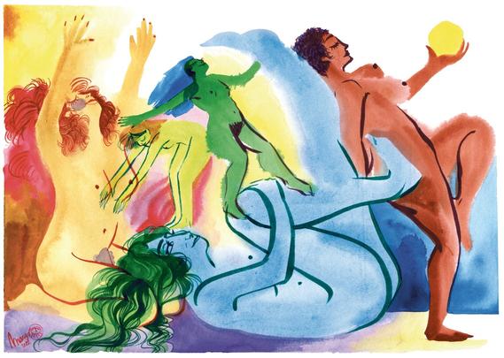 By Margo De Weerdt, an illustration for International Women’s Day 2022. This illustration shows five female, nude figures in different poses. They stand in open poses, support each other and flow into each other. They are painted in acrylic ink in bright colours: From ochre skin colours, poison green, mint green, blue and sienna. Curly hair, short hair, medium length straight hair, waves. Eyes closed and open. Dancing on the page.