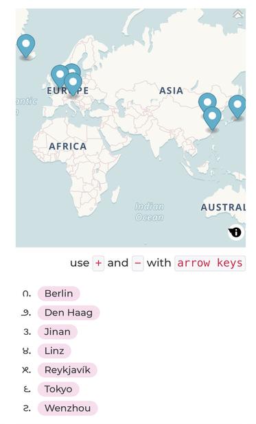 a screenshot of a world map with markers corresponding to cities associated with artists work featured on tonestrukt editions