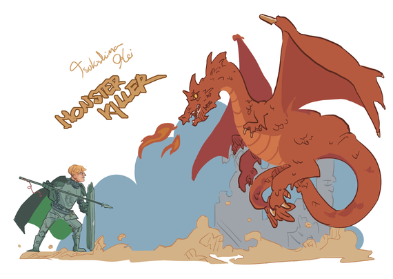 Digital illustration in pastel colors of Tsukishima Kei from Haikyuu (a guy with short curly blond hair and glasses) dressed as a knight facing a red dragon. He is holding a spear and a big shield and looks determined. The dragon is hovering over the ground and spitting fire. The background is a blue cloud like form for the sky and ocher ground. On the left upper corner, you can read in golden letters: Tsukishima Kei, MONSTER KILLER.