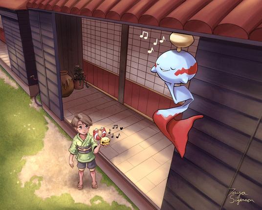 Chimecho hangs from under the eaves of a roof in Hisui. A player character is looking up at it with a Chingling in their hand.