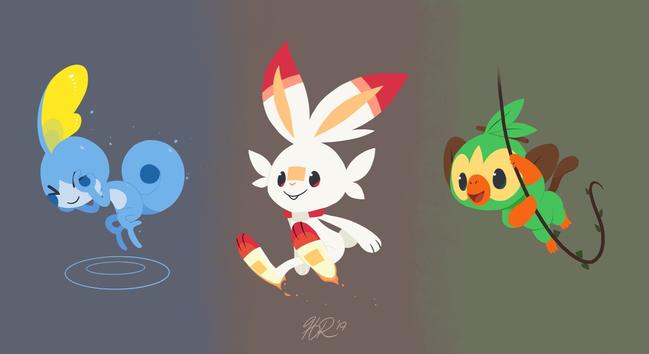 A sobble, scorbunny, and grookey are lined up in different poses. The sobble is doing a cannonball into water with its hands over its face. The scorbunny is jumping and has flames on its feet. The grookey is hanging from a vine.