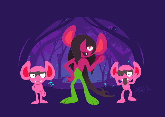 A Morgrem stands with two Impidimps, one on each side. There is a mysterious and dark forest behind them. The Morgan is motioning for the viewer to follow them into the forest with a thumb pointing at it. The impidimp to the left is smiling and doing the okay symbol hand prank with one hand. The impidimp to the right is sticking its tongue out with its hands on the sides of its head.