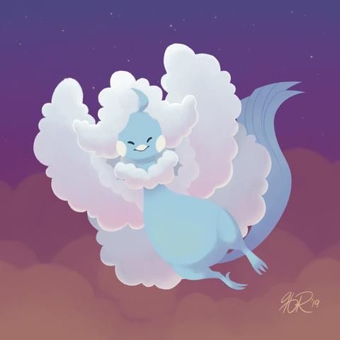A mega altaria flies in front of a dark sunset sky. It looks happy and is very fluffy.