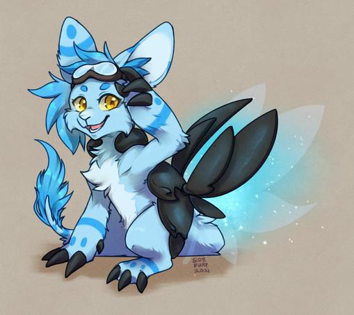 Digital illustration of a blue furred creature with black claws and back shell like an armadillo. She has a single stripe and dots on each of her limbs in a darker blue, and her back shells open up like fairy wings with sparkles. She's got a grin and she's using her left claws to adjust a pair of goggles on her forehead. thanks for reading/listening you're cute <3