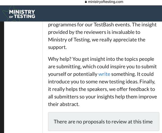 Screenshot from ministry of testing call for papers review form.