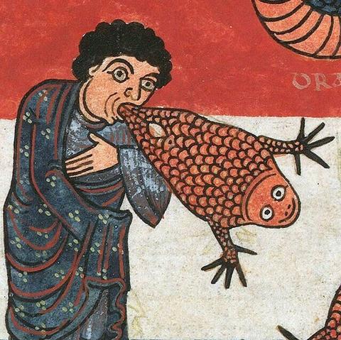 that medieval drawing of a man with curly dark hair in a beautiful robe (blue and red with light green dots) with a giant fuckoff frog with a huge grin jumping out of his mouth. the man is making a face like he just absolutely destroyed someone in an insult battle