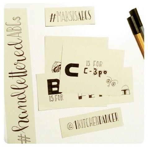 Lettering of the phrases “C is for C-3PO” accompanied by a sketch of the Star Wars character’s face