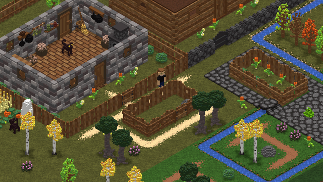 Screenshot of an RPG created with RPG in a box, with chunky 3D voxel graphics. The camera hovers above a section of a village, there are trees and a garden, and a stone building with the roof removed with a spooky looking black cat in it.