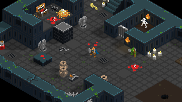 Screenshot from RPG in a Box. It's inside a traditional fantasy dungeon, centred on a short hobbit like main character armed with a sword and shield. There are various monsters dotted around the place, as well as a treasure chest, a floating key, locked doors and the like.