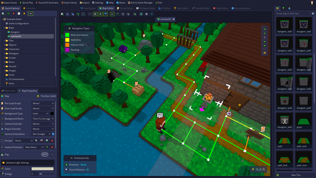 Screenshot of the RPG in a Box editing application in action, showing all the menus and icons and options surrounding a central screen where the game itself is visible. The game is in bright primary colours showing a stream reaching a lake, with a forest and building either side of it. There are computer overlays on the gameplay which allow editing something or other.