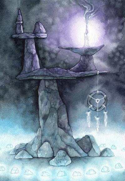 A watercolor painting of a precariously but perfectly balanced rock tower. The tower stands quietly in misty darkness. Near the top, smoke billows from the small purple flame of a single melting white candle. A ring of small, mysteriously glowing blue stones surrounds the base of the tower.
