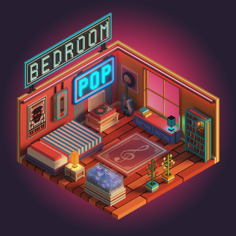 Computer generated diorama of a bedroom, made with stylised blocky shapes in an isometric arrangement. There's a bed, bookshelf, table, record player, plants, a neon sign, and the whole thing is in warm colours.
