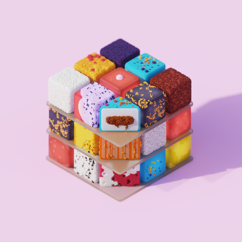 Computer generated 3D image made up of tiny voxel squares, depicting a rubik's cube made of small square shaped cakes in many cheerful colours. One of the cakes in the corner facing us is blue has been half eaten to reveal a white and brown filling.