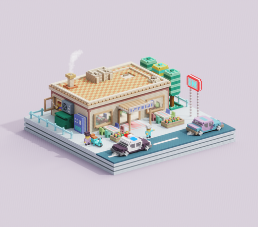 CGI 3D diorama made with square blocks, showing a restaurant or diner of some kind by the side of a road. A normal car and a police car are driving by. There are rectangular trees by the restaurant, and a delivery driver waits outside next to a moped.