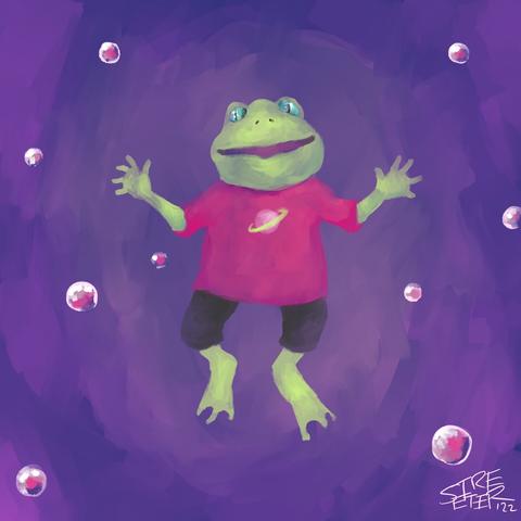 Color digital painting of a frog wearing a pink shirt with Saturn on it, floating on a purple background with bubbles or planets that reflect the colors of the frog’s outfit