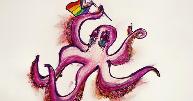 Drawing of an octopus holding a rainbow pride progress flag.