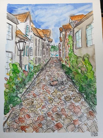 Watercolor narrow street scene with focus on multicolored cobblestones