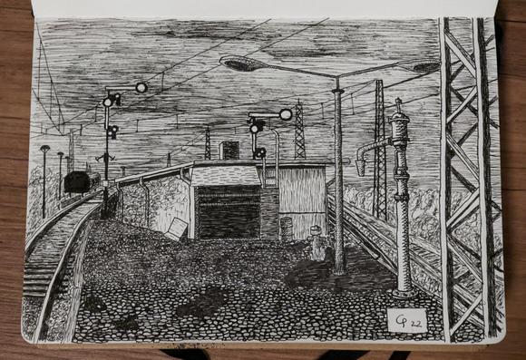 A pen and ink drawing of a train plattform with a dark mood