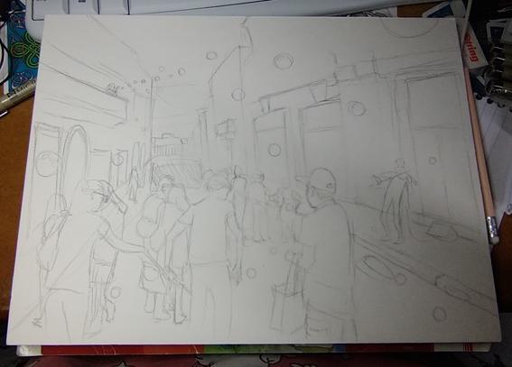 pencil sketch of a busy street in rome