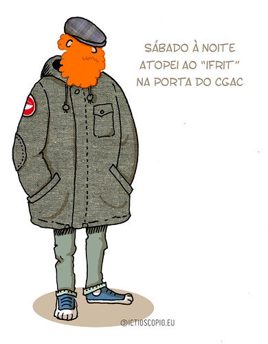 Desenho feito por Ictioscopio no que apareço com os meus atributos mais reconhecíveis: chapéu, barba ruiva e trenka verde. Texto: "Sábado à noite atopei ao "ifrit" na porta do CGAC".