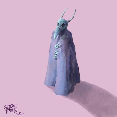 Digital painting in color on a pink background of a robed figure with a bird-skull head with antelope horns