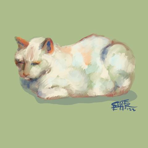 A digital painting in color of a mostly white cat with its legs curled up beneath it and eyes closed, on a green background