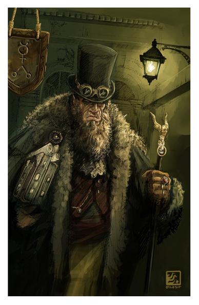 A heavy set, grim faced, bearded man in a top hat with brass rimmed goggles attached, and large fur collared overcoat, appears to move away from or past a shop / shop sign that has alchemical symbols painted on it. Under his right arm he carries a set of old, well used books (with several bookmarks), whilst in his left he holds a long walking cane or staff, with a winged head at the top. A lantern fixed to the wall behind him adds the ambient light to the scene.