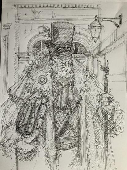 The original sketch for the image. Drawn "live" in front of visitors (with a bunch of other character art pieces done that day) to an arts heritage Day in Hull at The Old Post Office* / Conservancy Board Building & Yard.
* Which can be seen behind the figure here drawn in situe. The figure was purely from the imagination.
0.5 drawing pen on thickish watercolour paper.