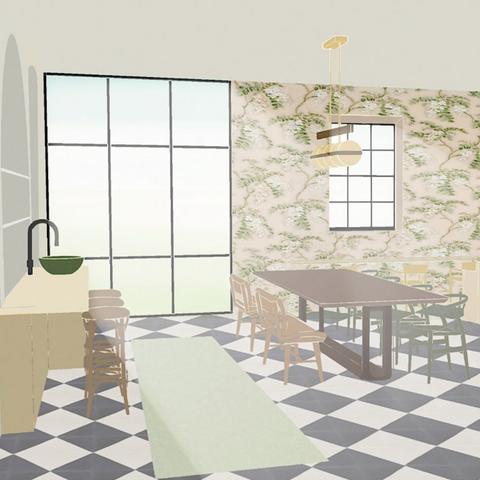 Render of an open plan kitchen and dining space with black and white tiling