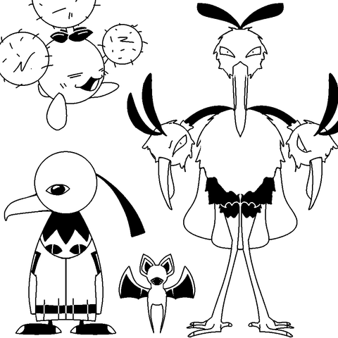 A black and white drawing of the Pokémon Xatu, Zubat, Dodrio, and Jumpluff. The Jumpluff has a content look on its face.