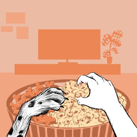 Eine digitale Zeichnung. Blick zum Fernseher im Hintergrund. Im Vordergrund die Knabberschale, von rechts greift eine Hand Popcorn, von links eine Hundepfote kleine Knochen.