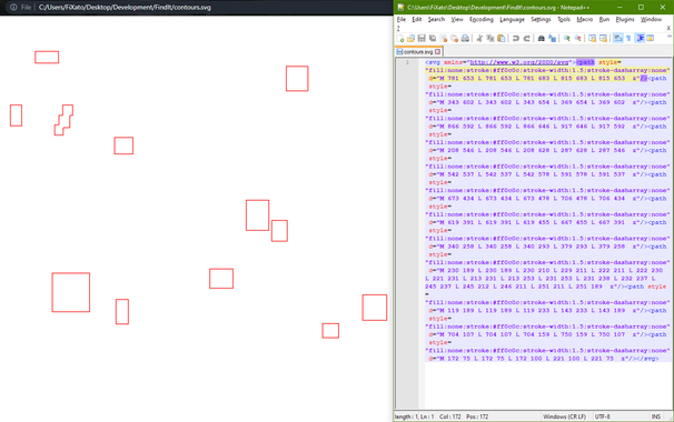 Red outlines on the left, indicating where the differences between two images are, and the SVG path definitions in a text editor on the right.