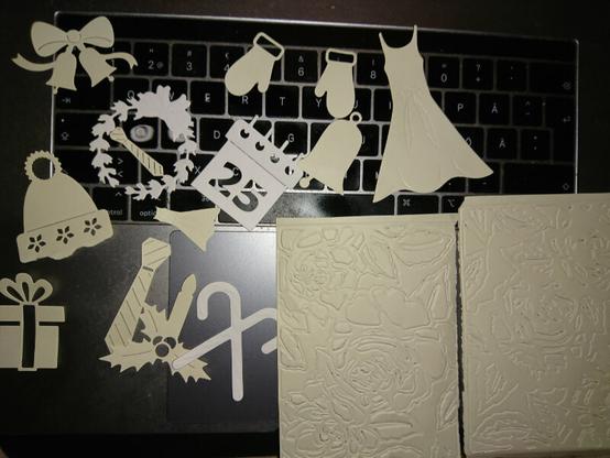 A set of cream and white pieces of paper laying on a laptop keyboard.

The two largest (about A5) are embossed with an intricate rose lattice type pattern, and the others are a mix of party and christmas, from three sets of dies:

there's a small and large tie, a small and large dress, a set of mittens, a hat, a date with the number 25, a present, a candle with holly leaves, two crossed candy canes, a wreath with a bow, a bell and a bow with two bells.