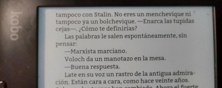 A picture of a page of the Spanish edition of Wu Ming's "Proletkult" where the protagonist declares their ideological line as "Martian Marxist".
