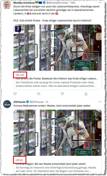 Screenshot des Twitternewsfeeds, wo zwei Tweets zu Artikeln von FAZ und ZDF verweisen, die das selbe dpa-Foto in unterschiedlichem Kontext verwendet haben.