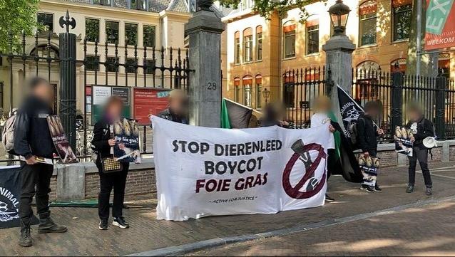 Op de Hamburgerstraat, aan de overkant van Restaurant De Goedheyd (2)

Tekst banner: STOP DIERENLEED, BOYCOT FOIE GRAS