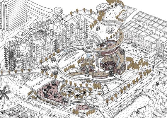 Hand drawn axonometric site plan in brown outlines