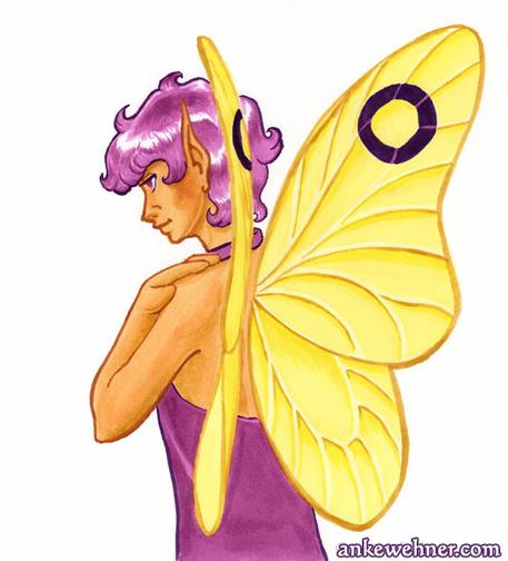 Waist-up portrait, from halfway behind, of a fairy. They are humanoid with yellowish skin, violet hair and eyes, pointed ears, and a pair of butterfly wings. The wings are yellow with a dark violet circle near the upper tip, recalling the Intersex pride flag.
