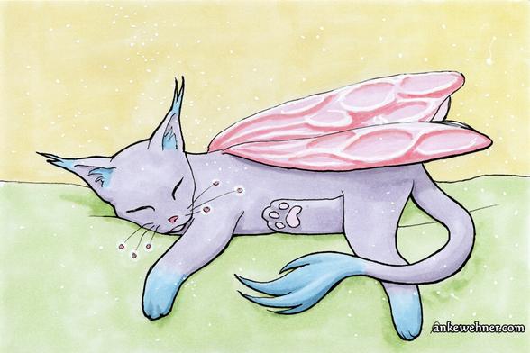 An image in soft pastel colours, showing a fae cat sleeping. It is mostly a soft violet, with the ear tufts, paws, and tuft on the tailtip being light blue. It has pink wings, and pink dots that glow slightly at the ends of its whiskers.